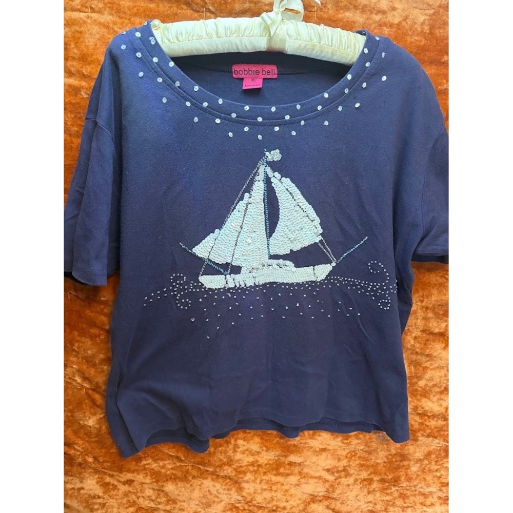 Bobbie Bell Womens XL Navy Blue Sequin Sailboat Nautical Short Sleeve Cotton Tee